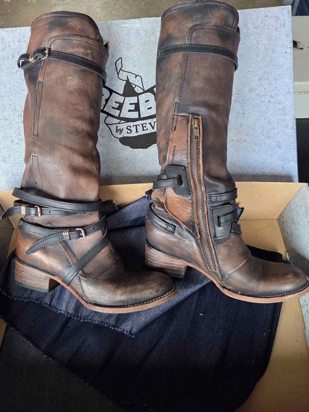 Distressed Brown Leather Knee-High Riding Boots with Buckle Detail - Picture 3 of 10